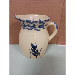 Vintage Robinson Ransbottom Pottery Blue Wheat Spongeware Stoneware 1pt Pitcher